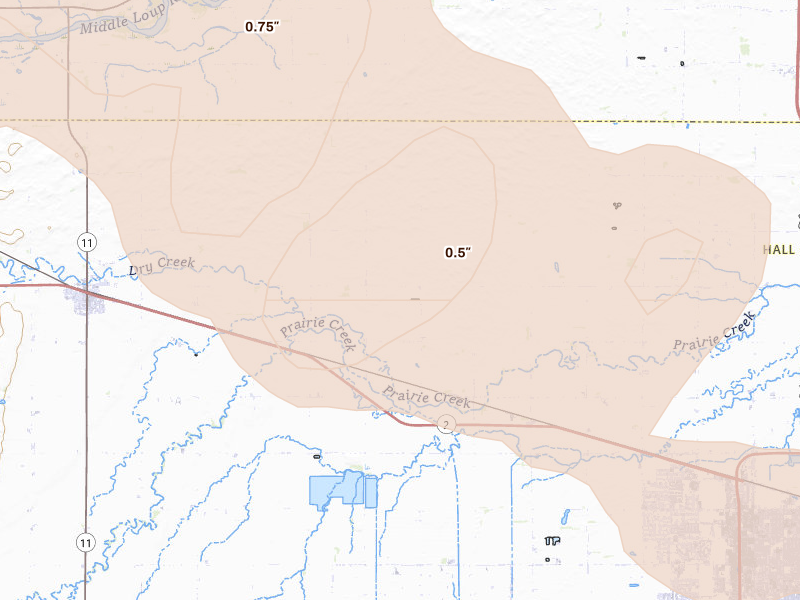 Radar-estimated hail-size map of the storm over Cairo, NE on Aug 17, 2026