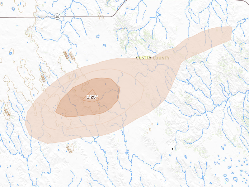 Radar-estimated hail-size map of the storm over Callaway, NE on Jun 12, 2026