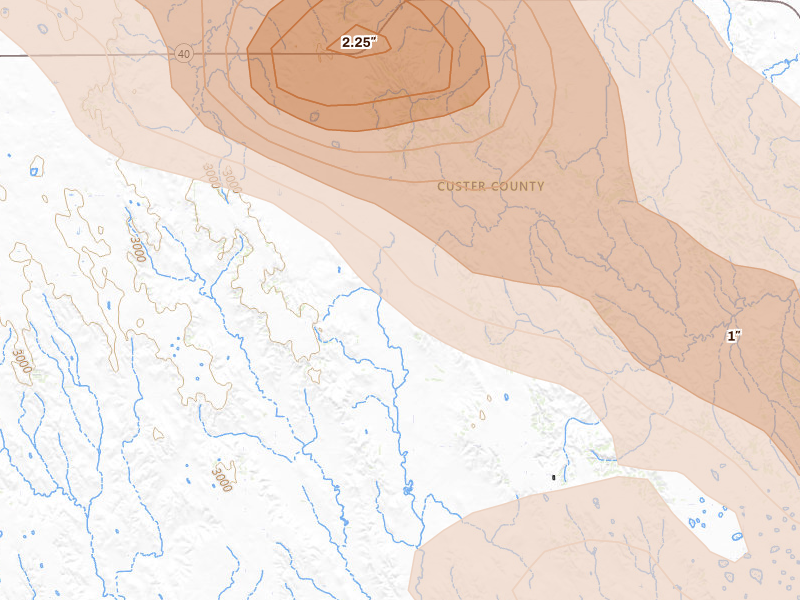 Radar-estimated hail-size map of the storm over Callaway, NE on Jul 30, 2026