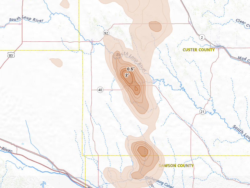Radar-estimated hail-size map of the storm over Callaway, NE on Aug 20, 2026