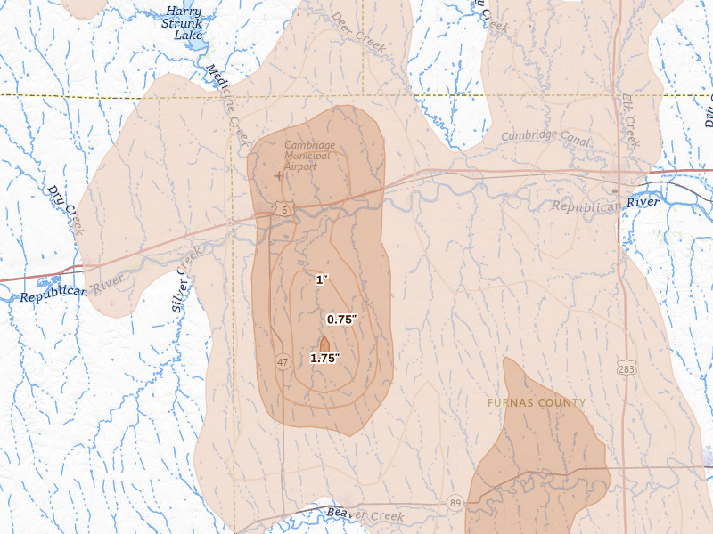 Radar-estimated hail-size map of the storm over Cambridge, NE on May 30, 2026