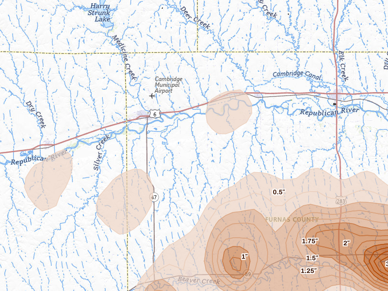 Radar-estimated hail-size map of the storm over Cambridge, NE on Jun 8, 2026