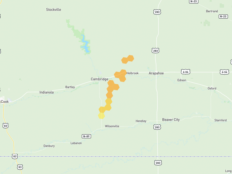 Hail map of Cambridge, NE on Jun 30, 2026, hail up to 1.25"