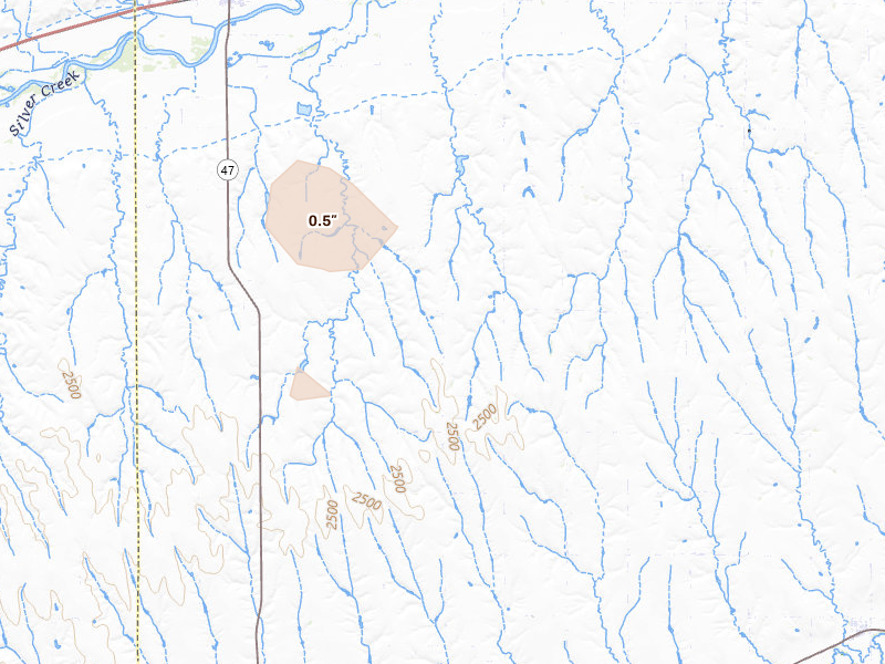 Radar-estimated hail-size map of the storm over Cambridge, NE on Aug 14, 2026