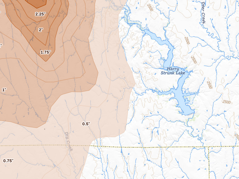 Radar-estimated hail-size map of the storm over Cambridge, NE on Aug 20, 2026