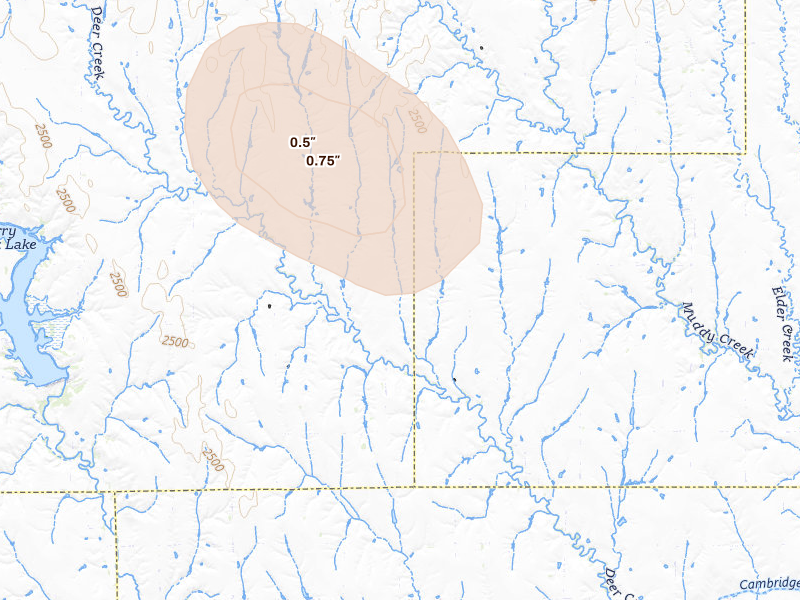 Radar-estimated hail-size map of the storm over Cambridge, NE on Aug 25, 2026