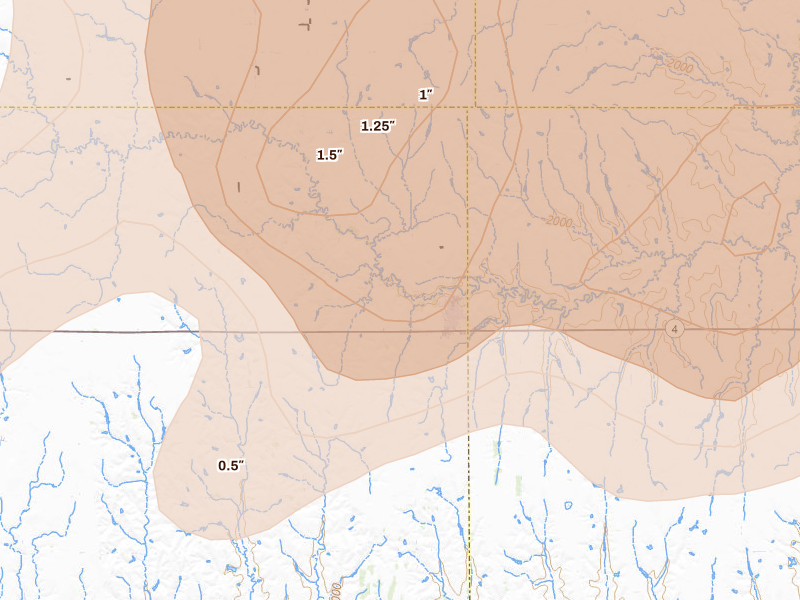 Radar-estimated hail-size map of the storm over Campbell, NE on May 16, 2026