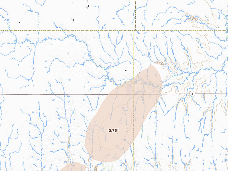 Radar-estimated hail-size map of the storm over Campbell, NE on Jun 3, 2026