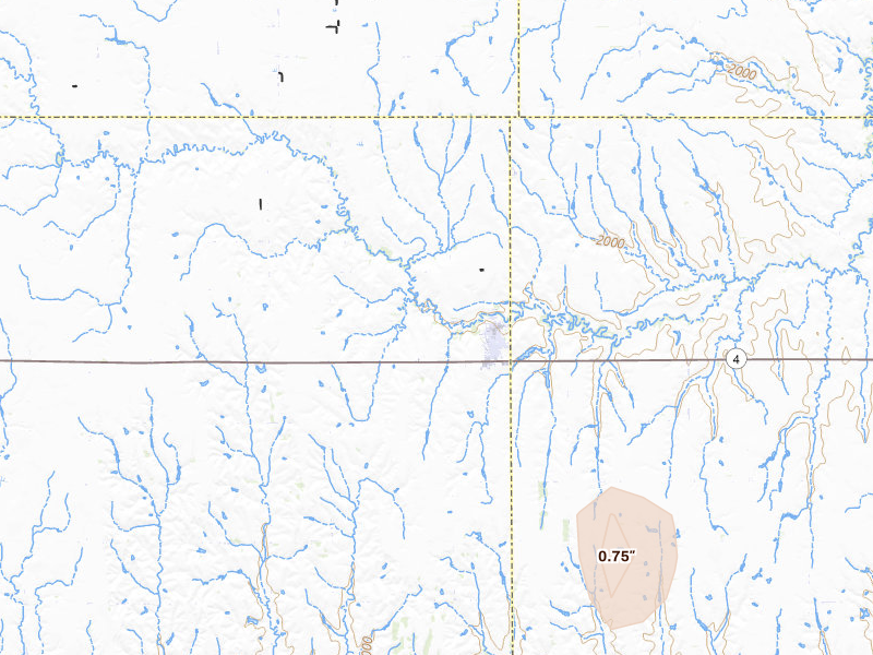 Radar-estimated hail-size map of the storm over Campbell, NE on Jul 25, 2026