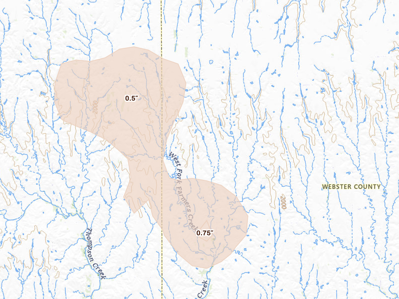 Radar-estimated hail-size map of the storm over Campbell, NE on Aug 21, 2026