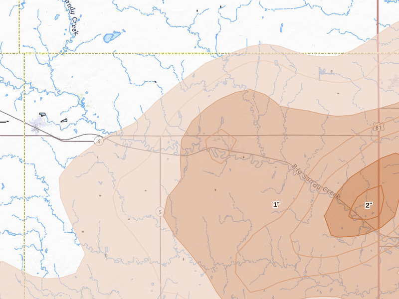 Radar-estimated hail-size map of the storm over Carleton, NE on May 16, 2026