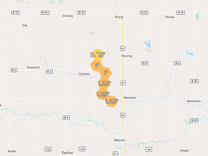 Hail map of Carleton, NE on Jun 2, 2026, hail up to 1.25"