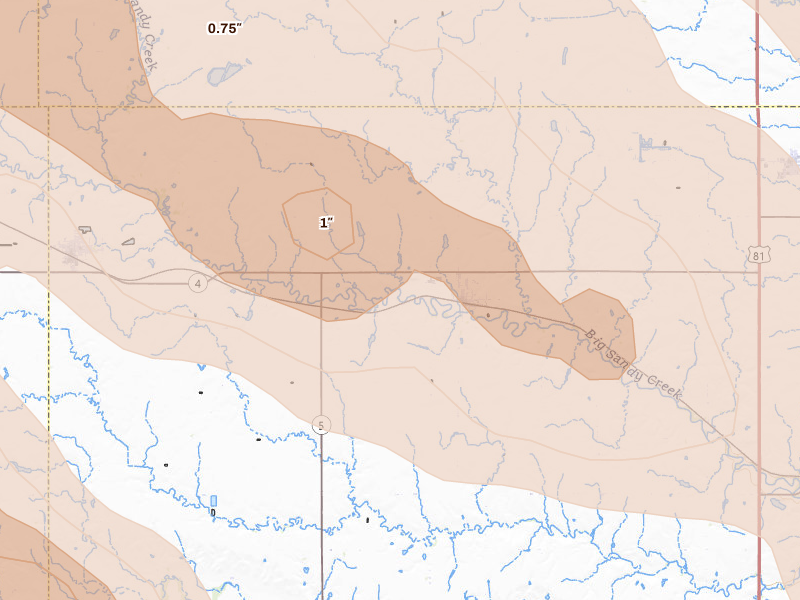 Radar-estimated hail-size map of the storm over Carleton, NE on Jun 20, 2026