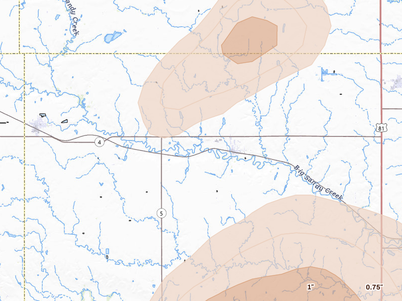 Radar-estimated hail-size map of the storm over Carleton, NE on Jul 3, 2026