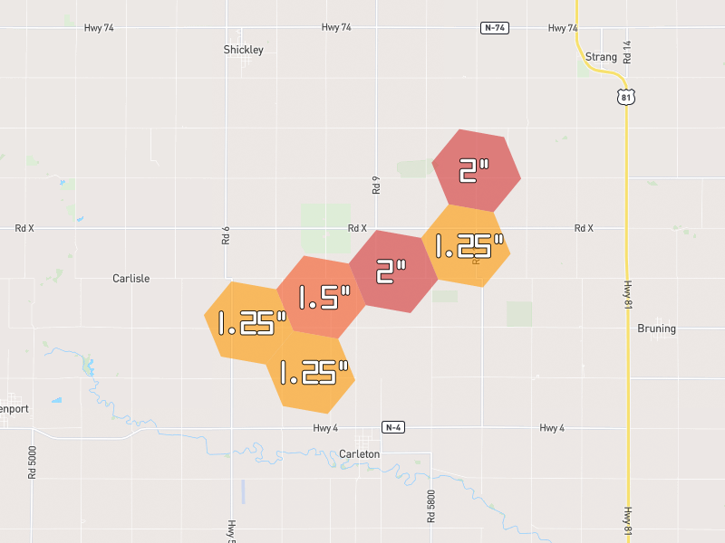 Hail map of Carleton, NE on Jul 3, 2026, hail up to 2"