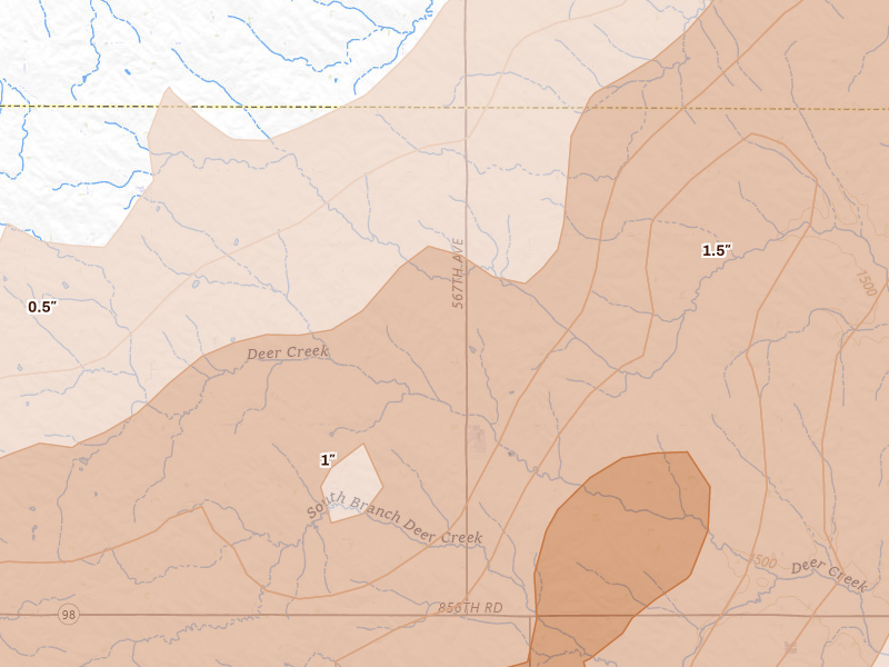 Radar-estimated hail-size map of the storm over Carroll, NE on Jun 29, 2026