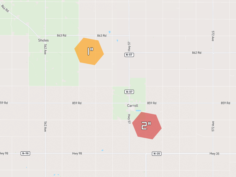 Hail map of Carroll, NE on Jun 30, 2026, hail up to 2"