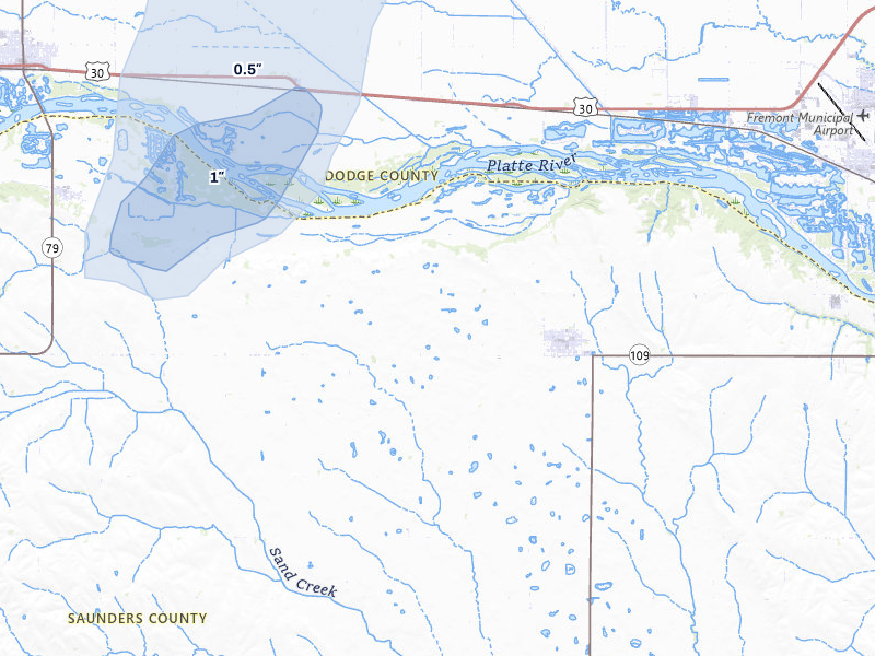 NEXRAD radar-signature map of the hail over Cedar Bluffs, NE