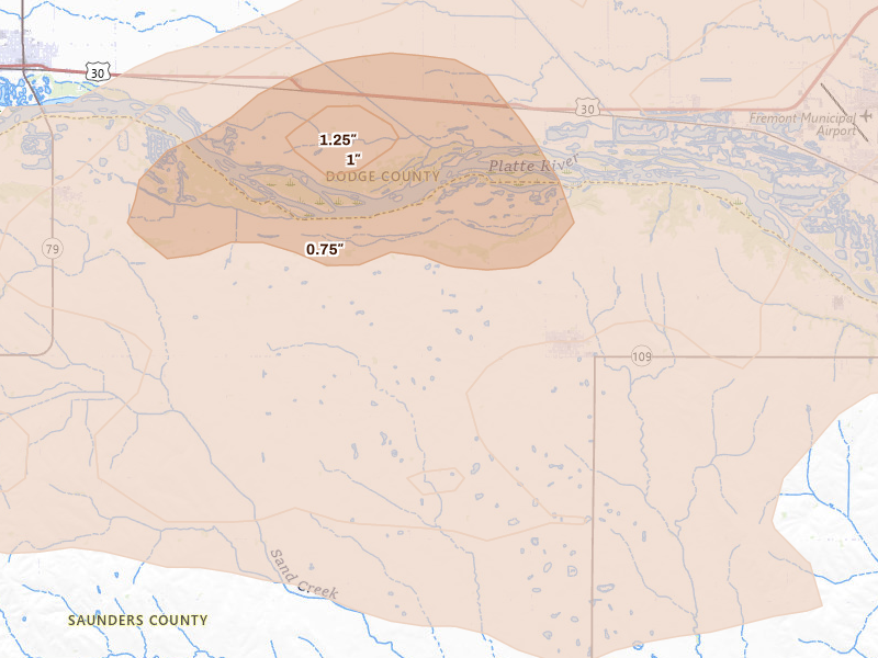 Radar-estimated hail-size map of the storm over Cedar Bluffs, NE on May 15, 2026