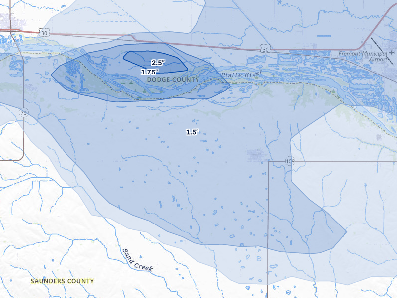 NEXRAD radar-signature map of the hail storm over Cedar Bluffs, NE on May 15, 2026