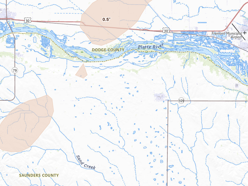 Radar-estimated hail-size map of the storm over Cedar Bluffs, NE on May 18, 2026