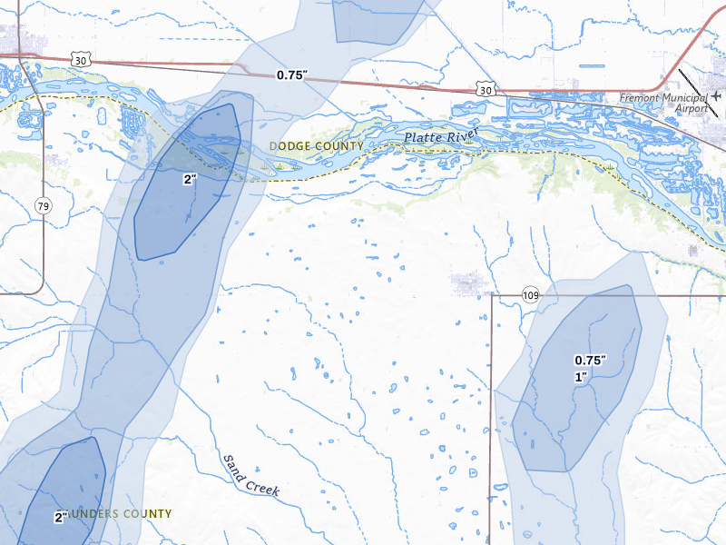 NEXRAD radar-signature map of the hail storm over Cedar Bluffs, NE on May 18, 2026