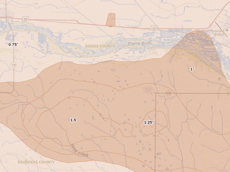 Radar-estimated hail-size map of the storm over Cedar Bluffs, NE