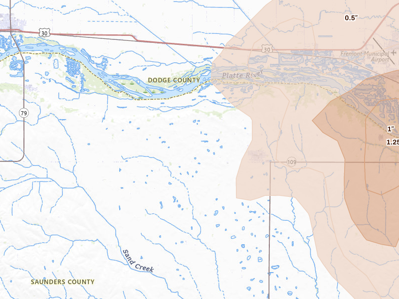Radar-estimated hail-size map of the storm over Cedar Bluffs, NE on Jul 1, 2026