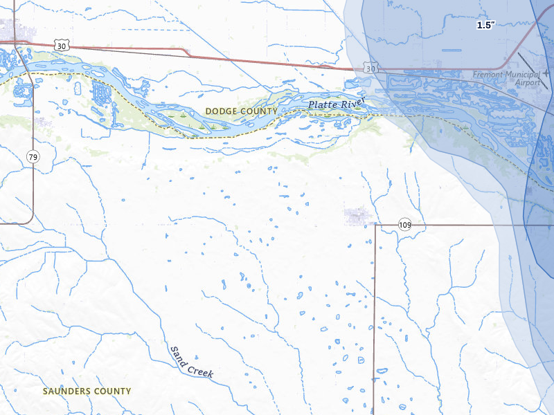 NEXRAD radar-signature map of the hail storm over Cedar Bluffs, NE on Jul 1, 2026