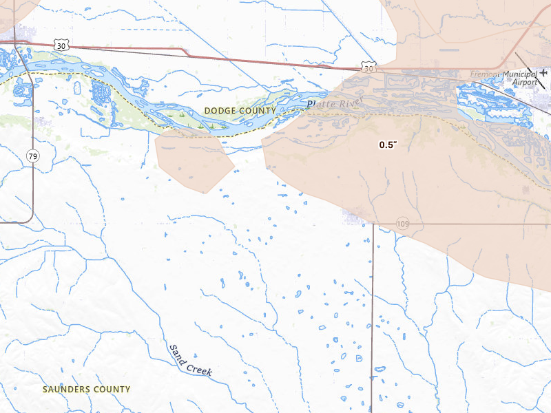 Radar-estimated hail-size map of the storm over Cedar Bluffs, NE on Jul 8, 2026