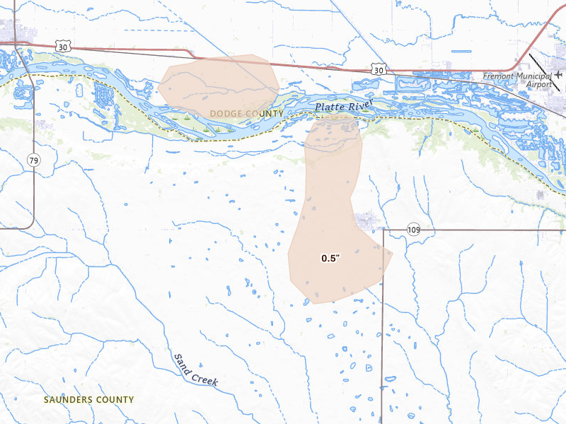 Radar-estimated hail-size map of the storm over Cedar Bluffs, NE on Aug 11, 2026