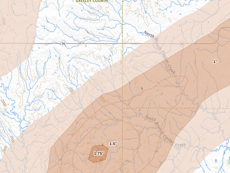 Radar-estimated hail-size map of the storm over Cedar Rapids, NE on Jun 9, 2026