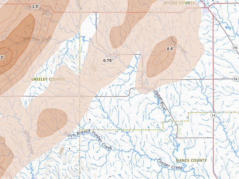 Radar-estimated hail-size map of the storm over Cedar Rapids, NE on Jun 29, 2026