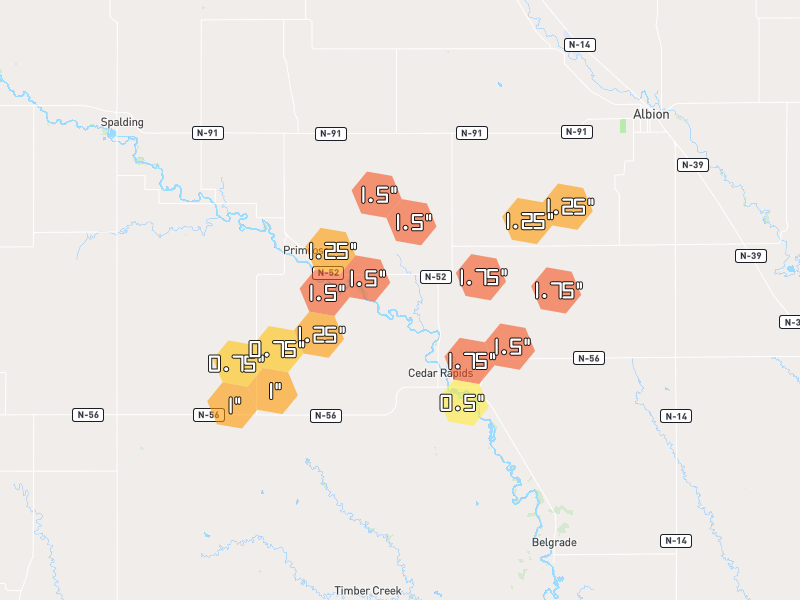 Hail map of Cedar Rapids, NE on Jun 30, 2026, hail up to 1.75"