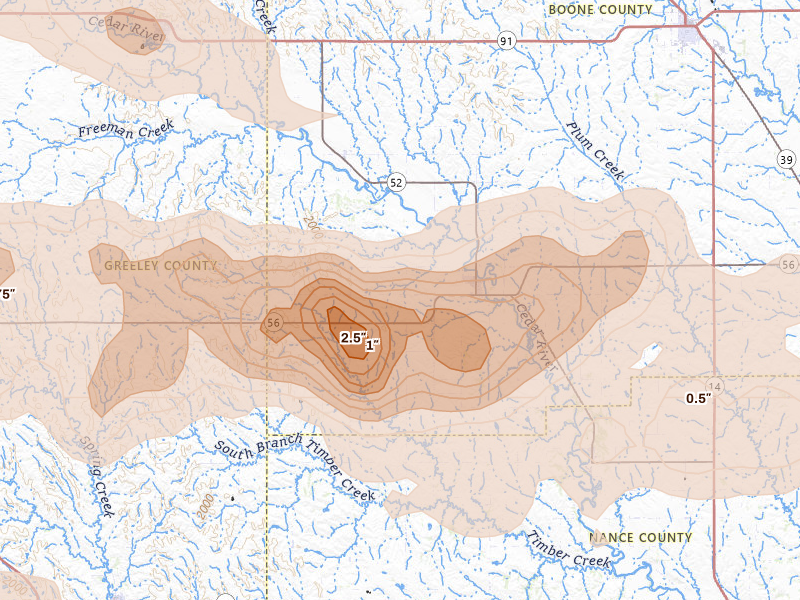 Radar-estimated hail-size map of the storm over Cedar Rapids, NE on Aug 17, 2026