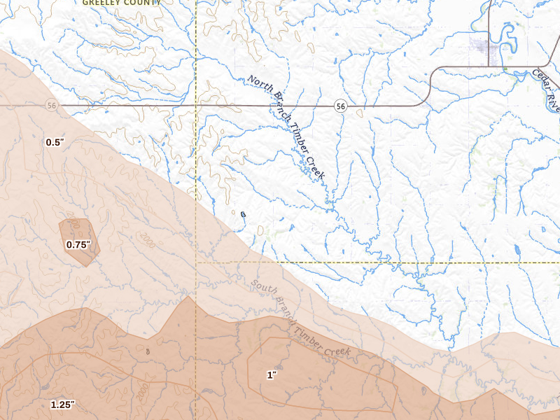 Radar-estimated hail-size map of the storm over Cedar Rapids, NE on Aug 19, 2026