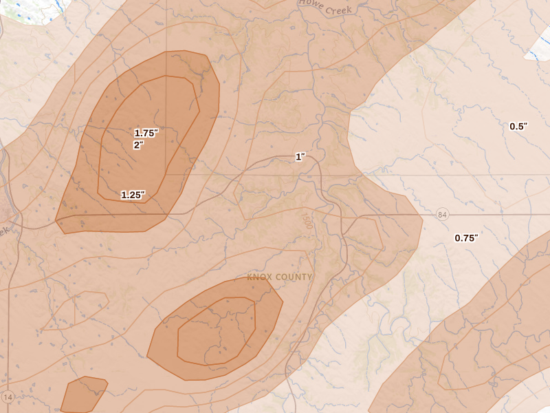 Radar-estimated hail-size map of the storm over Center, NE on Jun 29, 2026