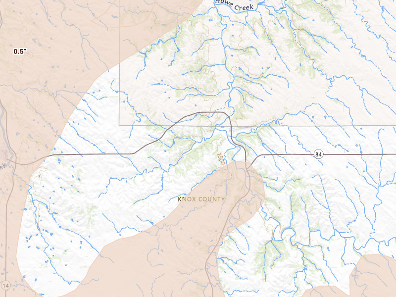 Radar-estimated hail-size map of the storm over Center, NE on Jul 2, 2026