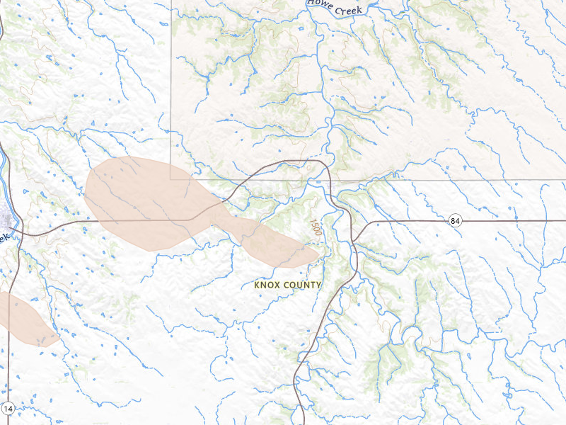 Radar-estimated hail-size map of the storm over Center, NE on Aug 23, 2026