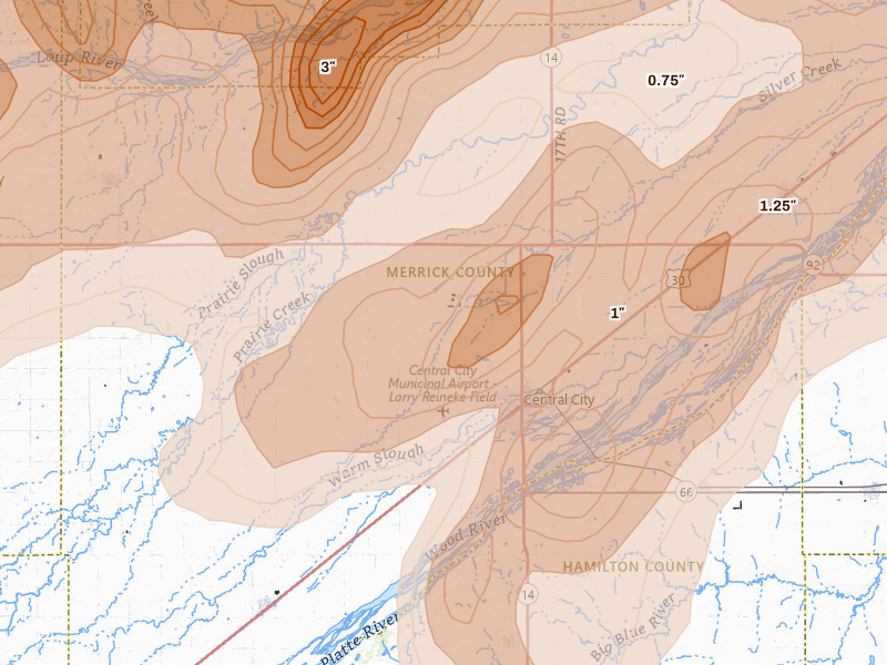 Radar-estimated hail-size map of the storm over Central City, NE on May 17, 2026