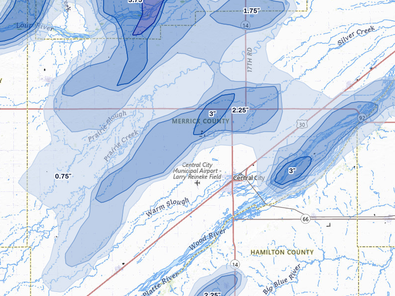 NEXRAD radar-signature map of the hail storm over Central City, NE on May 17, 2026