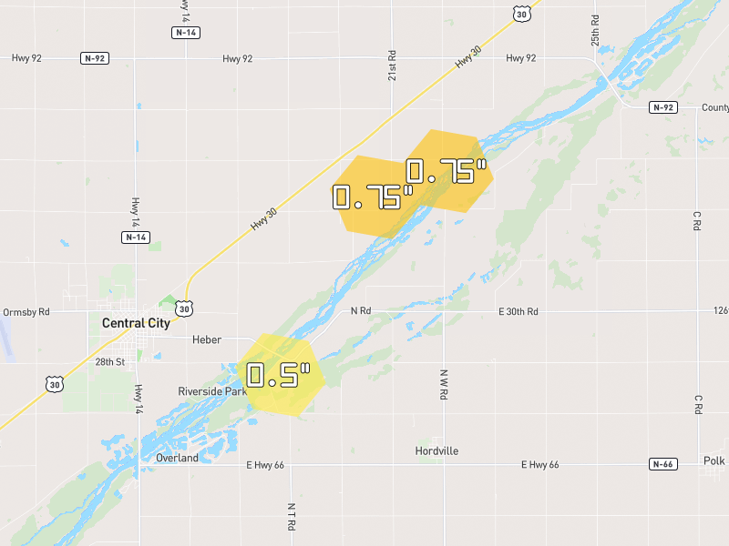 Hail map of Central City, NE on Jul 2, 2026, hail up to 0.75"