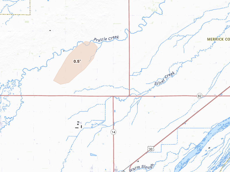 Radar-estimated hail-size map of the storm over Central City, NE on Aug 13, 2026