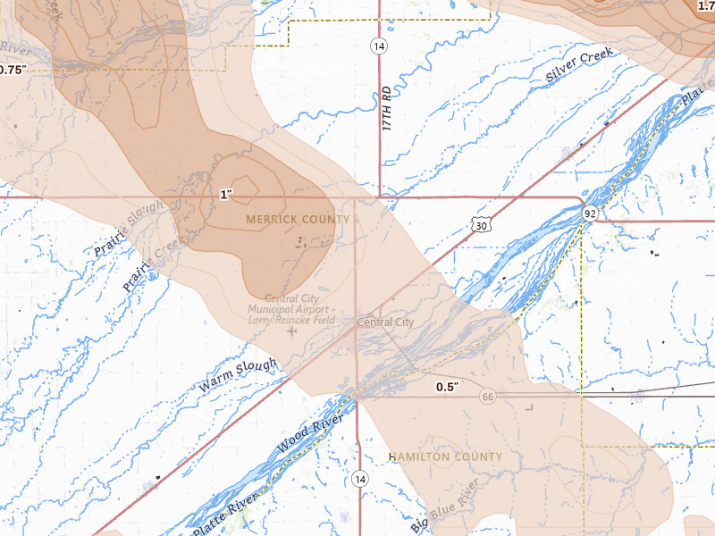 Radar-estimated hail-size map of the storm over Central City, NE on Aug 19, 2026