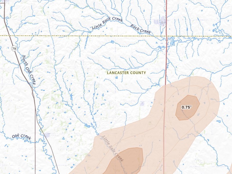Radar-estimated hail-size map of the storm over Ceresco, NE on Apr 23, 2026