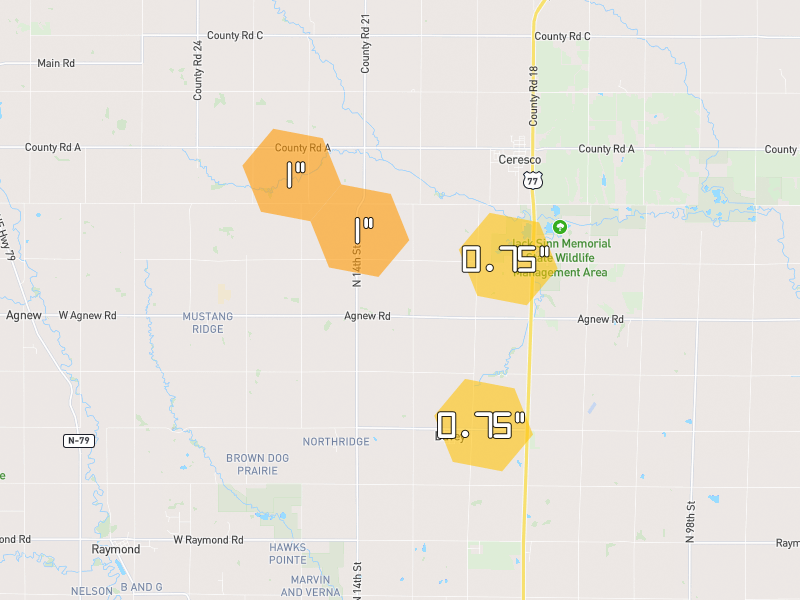 Hail map of Ceresco, NE on Jun 2, 2026, hail up to 1"