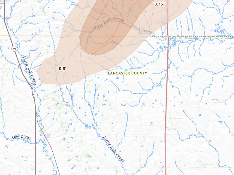 Radar-estimated hail-size map of the storm over Ceresco, NE on Jun 9, 2026