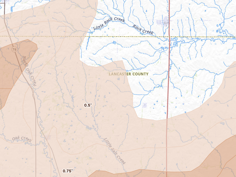 Radar-estimated hail-size map of the storm over Ceresco, NE on Jun 10, 2026