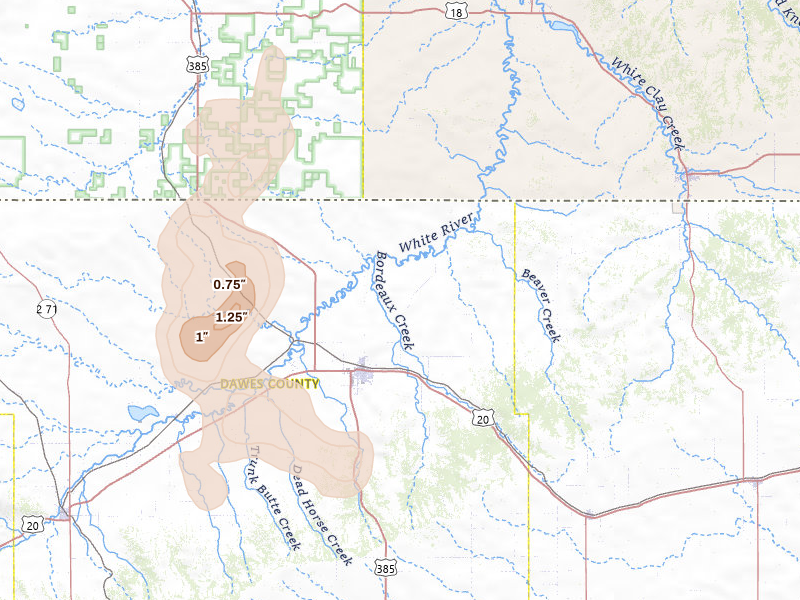 Radar-estimated hail-size map of the storm over Chadron, NE on May 21, 2026