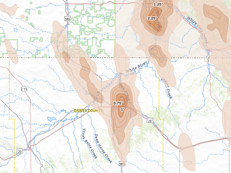 Radar-estimated hail-size map of the storm over Chadron, NE on May 30, 2026